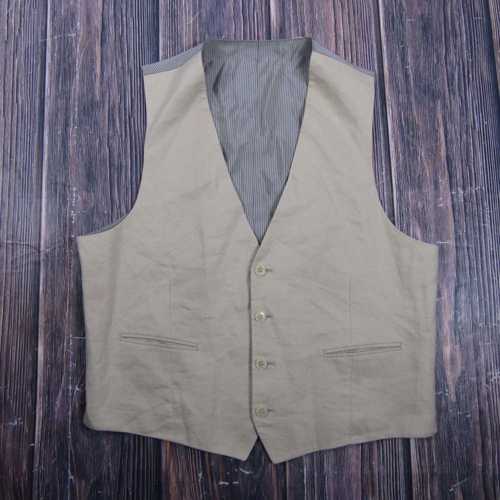 Suit Vest Mens 42 Beige Solid Linen 3 Piece Belted Formal Business Waistcoat